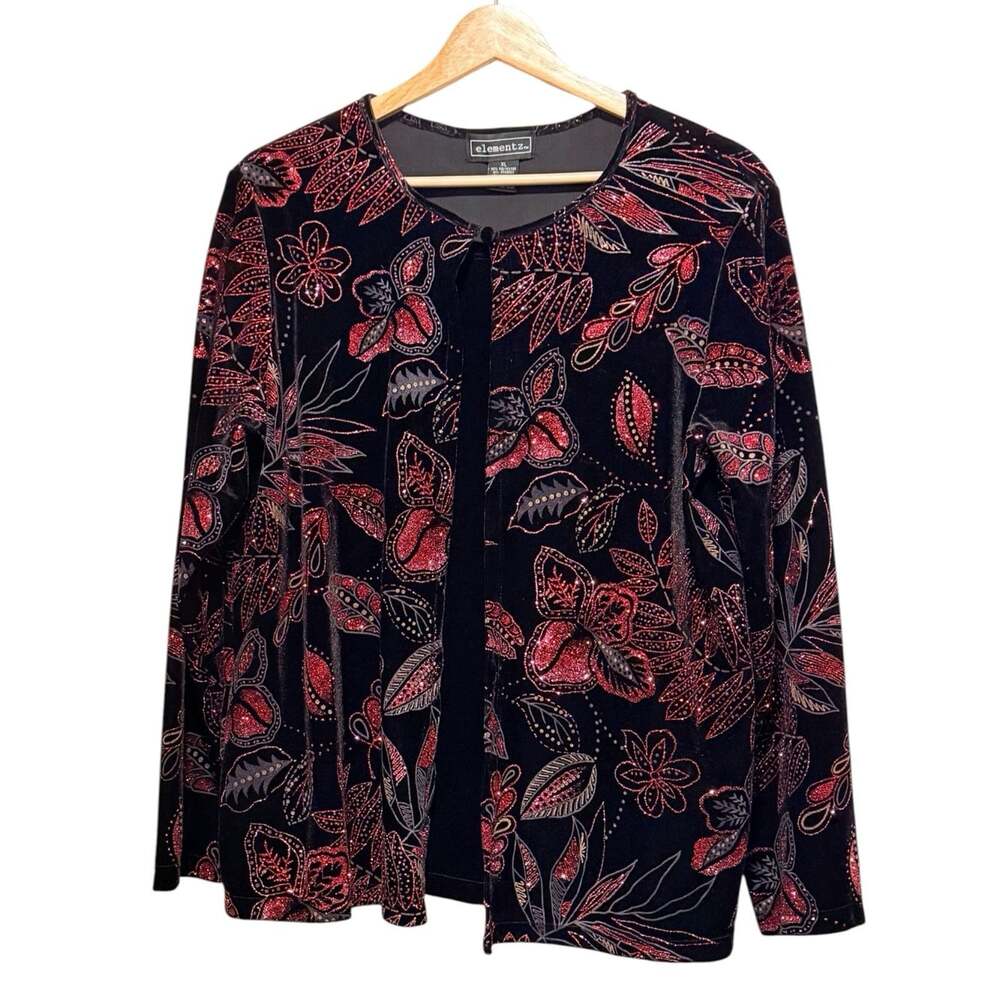 Elementz Sz XL Black Velvet Red Sparkle Evening Jacket Blazer Holiday Wedding - Picture 2 of 8
